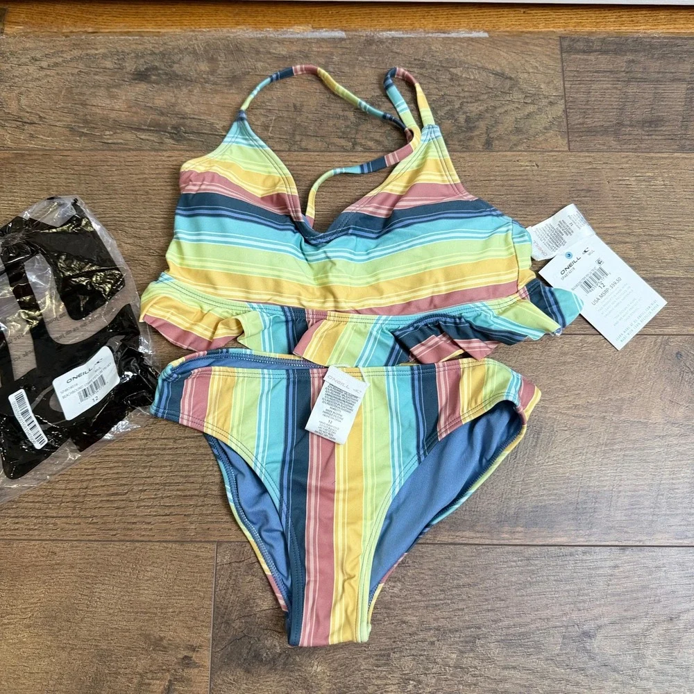 O'Neill Beachbound Stripe Peplum Tri Bikini Set‎ Size 12 NWT